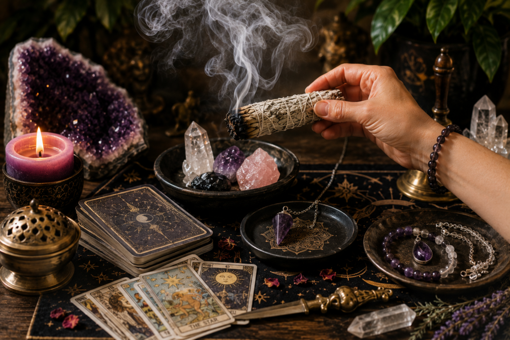 Smoke Cleansing Tarot Cards and Spiritual Tools - Sians Emporium Smoke cleansing tarot cards, a crystal pendulum, crystal jewellery and altar tools with a burning herb bundle.