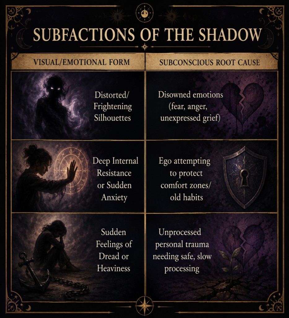 Subfactions of the Shadow: Understanding Shadow Work Responses - Sians Emporium Illustrated chart showing three common shadow work experiences and their subconscious root causes, including frightening silhouettes, internal resistance, anxiety and unresolved trauma.