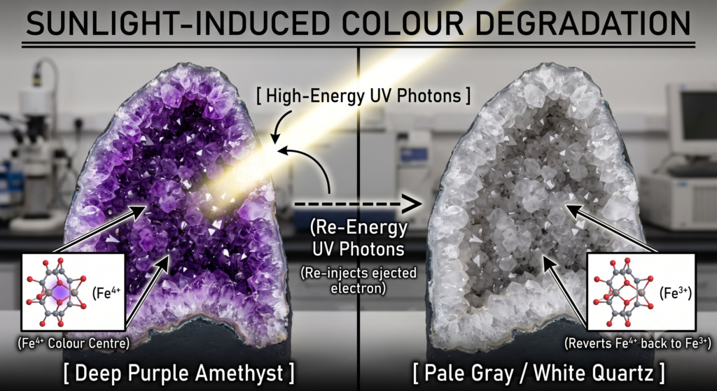 A scientific diagram titled "Sunlight-Induced Colour Degradation," illustrating the split transformation of a deep purple amethyst geode into a pale gray-white quartz geode under exposure to high-energy UV photons, complete with molecular models of Fe4+ changing to Fe3+.