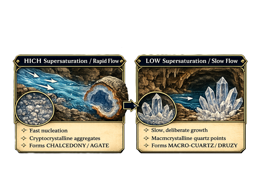 Diagram comparing high silica supersaturation and rapid flow forming cryptocrystalline chalcedony and agate with low supersaturation and slow flow forming macrocrystalline quartz and druzy.