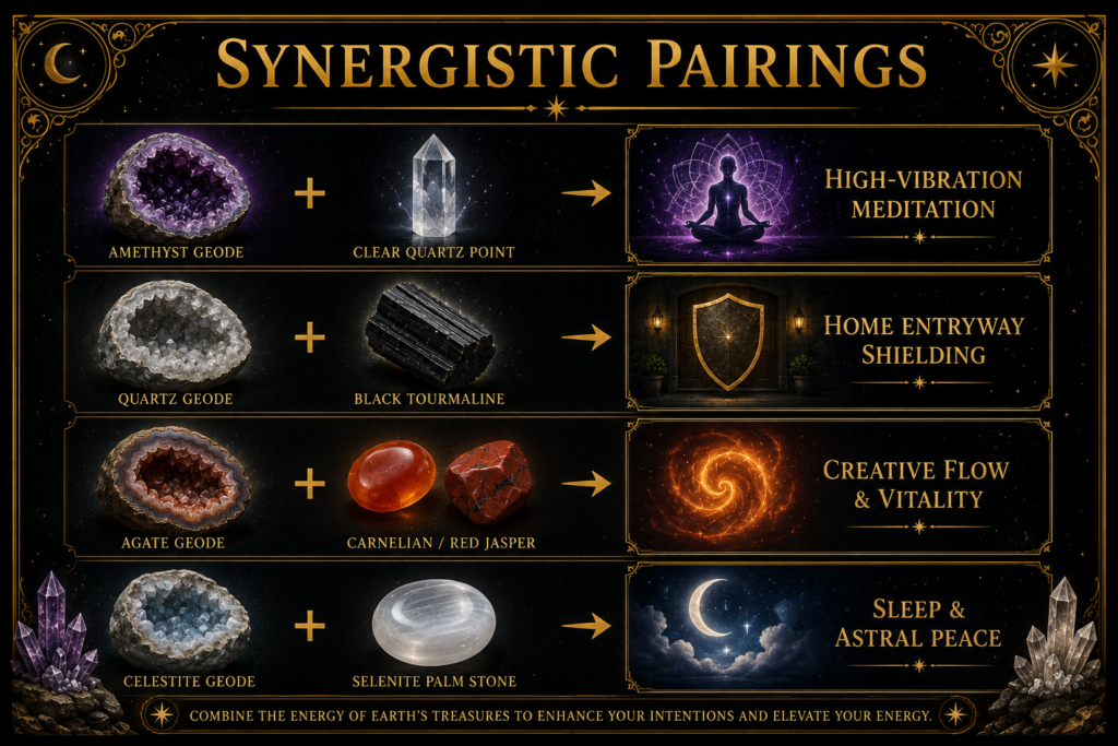 Synergistic crystal pairings chart featuring amethyst geode with clear quartz, quartz geode with black tourmaline, agate geode with carnelian or red jasper, and celestite geode with selenite.