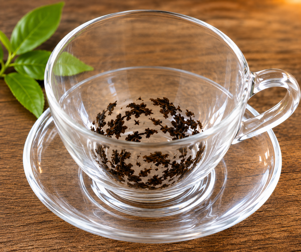 Tea leaves forming a pattern inside a clear glass teacup and saucer on a wooden surface.