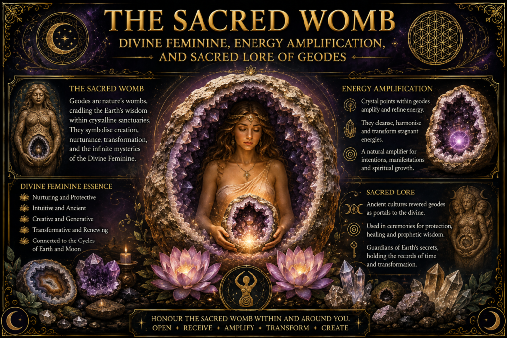 The Sacred Womb illustration featuring a Divine Feminine figure surrounded by amethyst geodes, crystals, lotus flowers and sacred geometry symbolising creation, energy amplification and sacred lore.