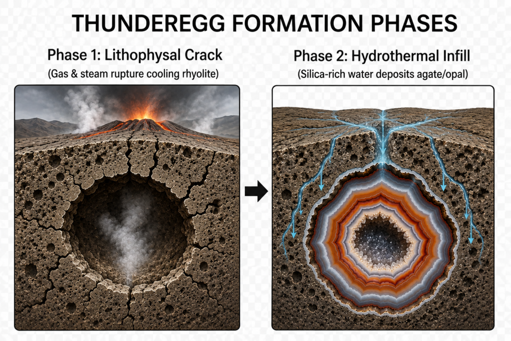 Thunderegg Formation Phases – Lithophysal Crack and Hydrothermal Infill - Sians Emporium Thunderegg formation diagram showing a lithophysal crack in cooling rhyolite followed by hydrothermal infill as silica-rich water deposits layers of agate and opal.