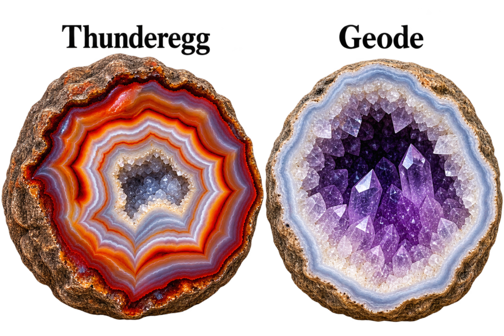 Thunderegg vs Geode – Interior Structure Comparison - Sians Emporium Cut thunderegg and geode shown side by side, comparing the banded agate interior of a thunderegg with the crystal-lined cavity of an amethyst geode.