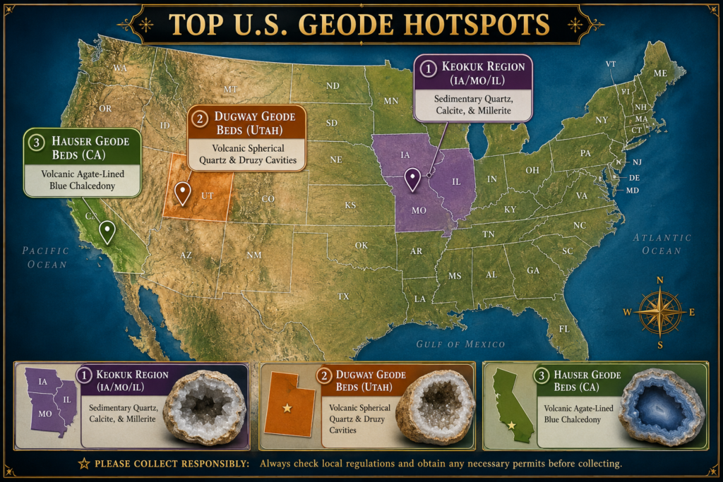 Illustrated map of the United States highlighting three top geode hotspots: the Keokuk Region in Iowa, Missouri and Illinois, Dugway Geode Beds in Utah, and Hauser Geode Beds in California.