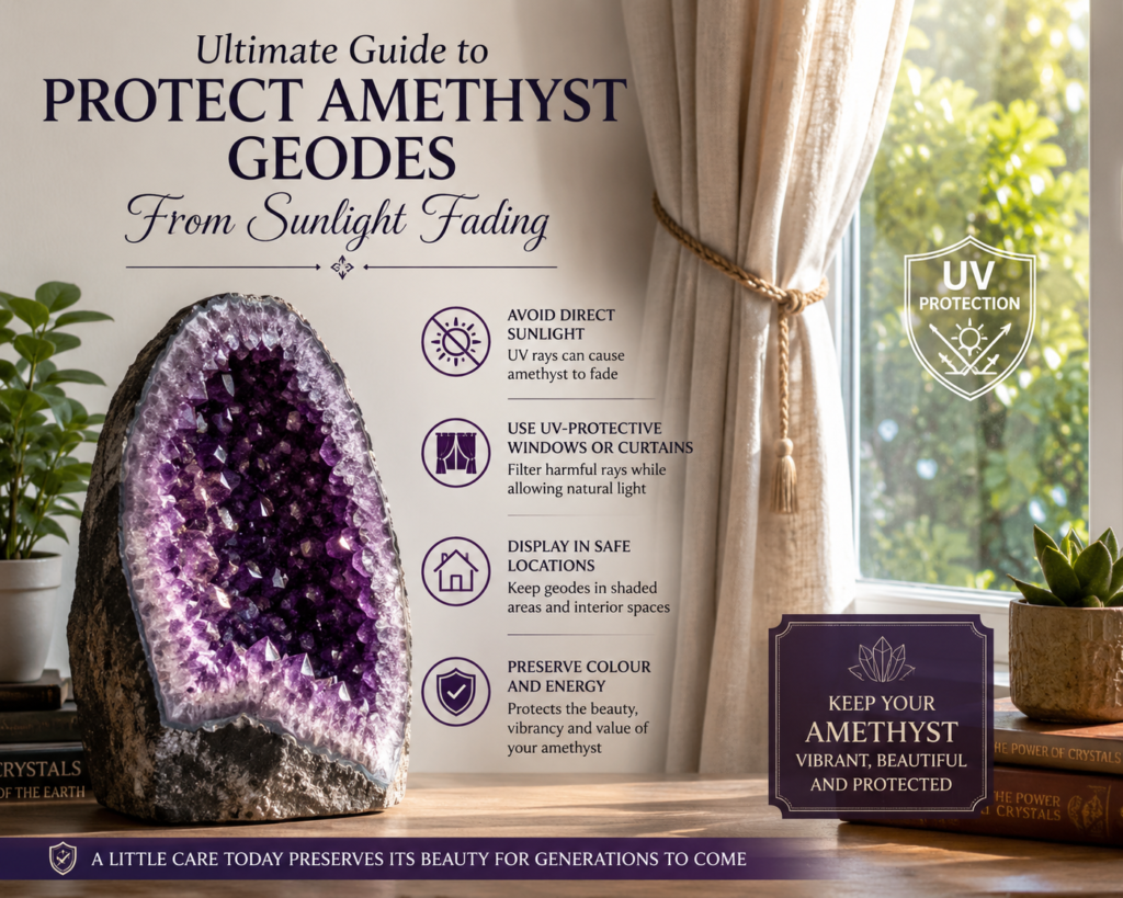 Purple amethyst geode displayed indoors away from direct sunlight, illustrating how to protect amethyst from UV exposure and colour fading.