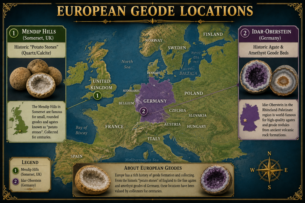 Illustrated map of Europe highlighting the Mendip Hills in Somerset, UK, known for historic quartz and calcite “potato stones”, and Idar-Oberstein in Germany, famous for agate and amethyst geodes.