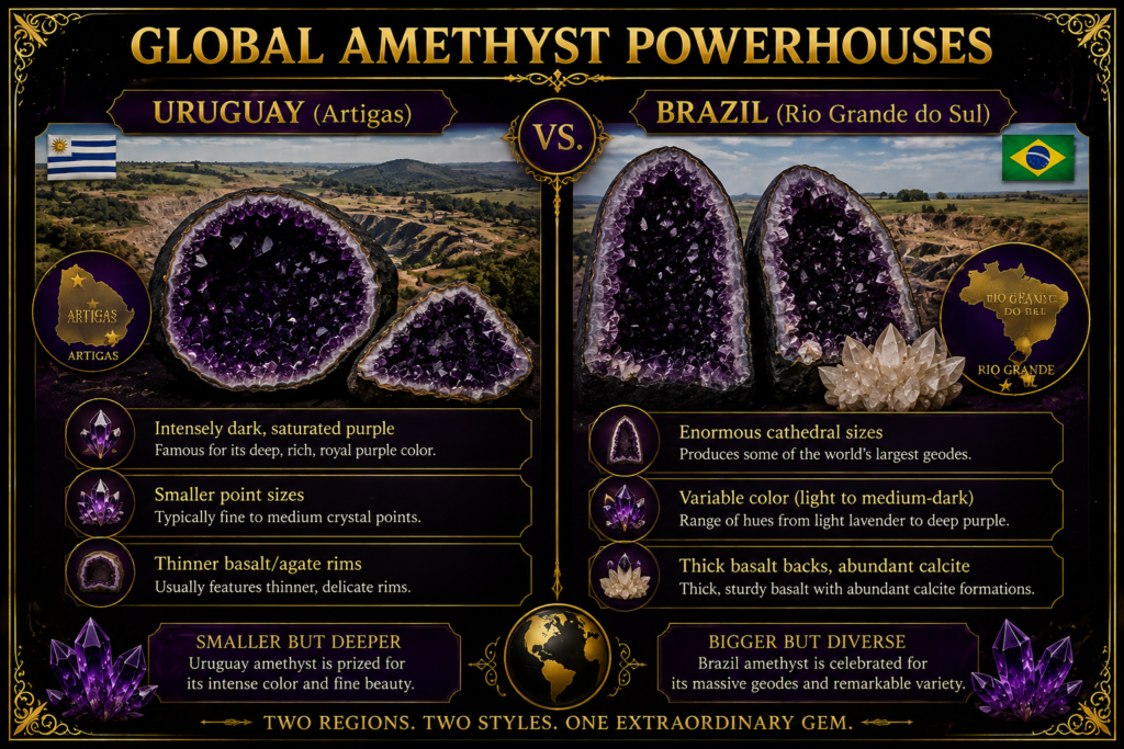 Uruguay vs Brazil Amethyst – Global Amethyst Powerhouses - Sians Emporium Uruguay Artigas vs Brazil Rio Grande do Sul amethyst comparison showing differences in purple colour, crystal point size, geode size, basalt and agate rims, and calcite.