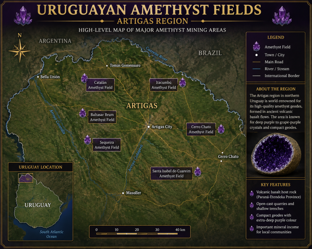uruguayan-amethyst-fields - Sians Emporium High-level map of the Artigas region in northern Uruguay showing major amethyst-producing areas, mining locations, towns, roads, rivers and the region’s position near Brazil and Argentina.