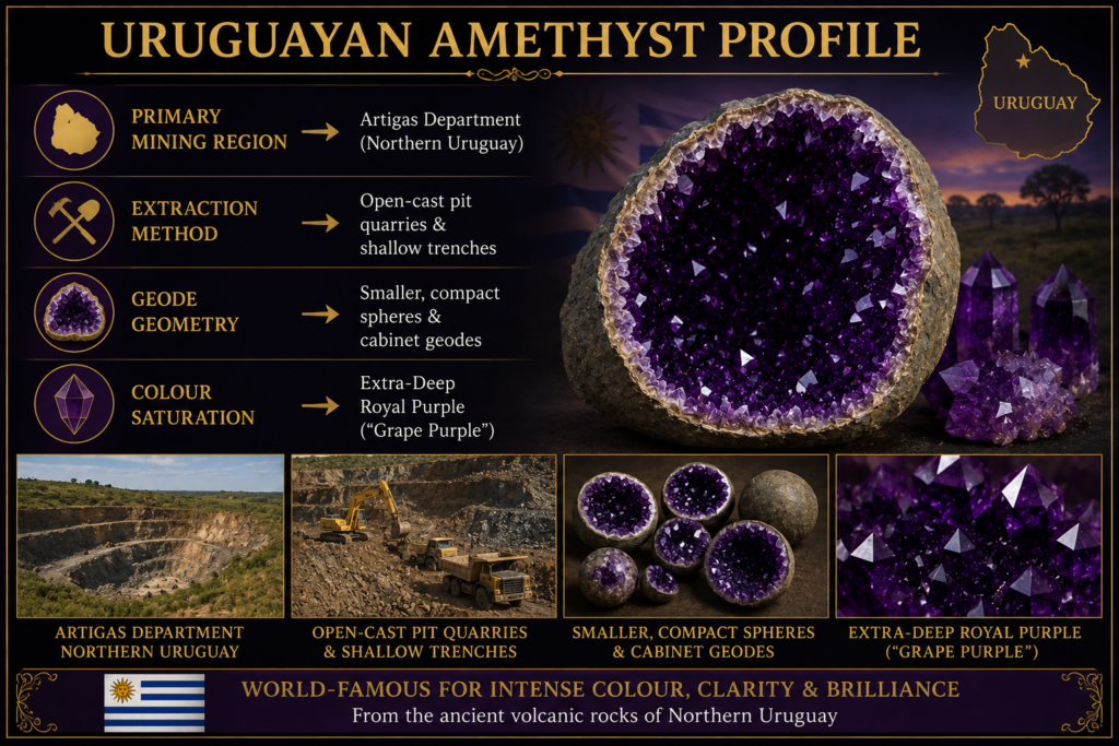 Uruguayan Amethyst Profile - Sians Emporium Uruguayan amethyst profile showing Artigas Department, open-cast quarry extraction, compact amethyst geodes and intensely saturated deep royal-purple quartz crystals.