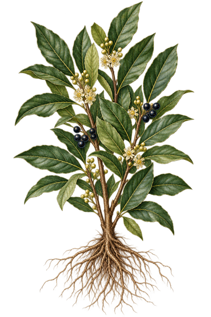 Victorian Botanical Bay Laurel Illustration - Sians Emporium Victorian botanical illustration of bay laurel (Laurus nobilis) showing glossy green leaves, flowers, berries and exposed bare roots.