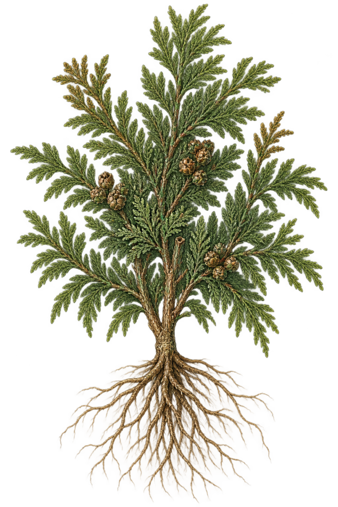 Victorian Botanical Cedar Tree Illustration - Sians Emporium Victorian botanical drawing of a cedar tree with evergreen foliage, cones and exposed bare roots on a transparent background.