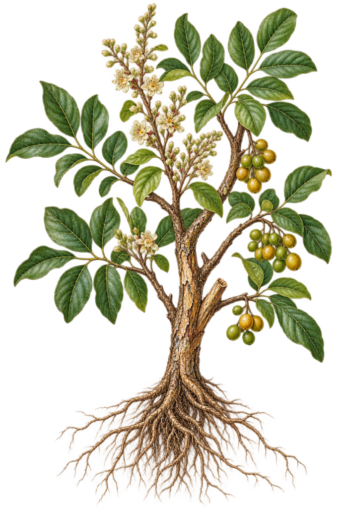 victorian-botanical-frankincense - Sians Emporium Victorian botanical illustration of frankincense (Boswellia carterii / Boswellia frereana) showing green leaves, pale flowers, resin tears and exposed bare roots.