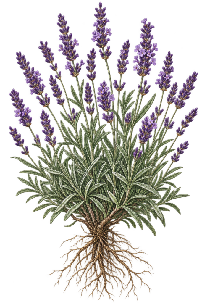 Victorian Botanical Lavender Plant Illustration - Sians Emporium Victorian botanical illustration of a lavender bush with purple flowers, green foliage and exposed bare roots.