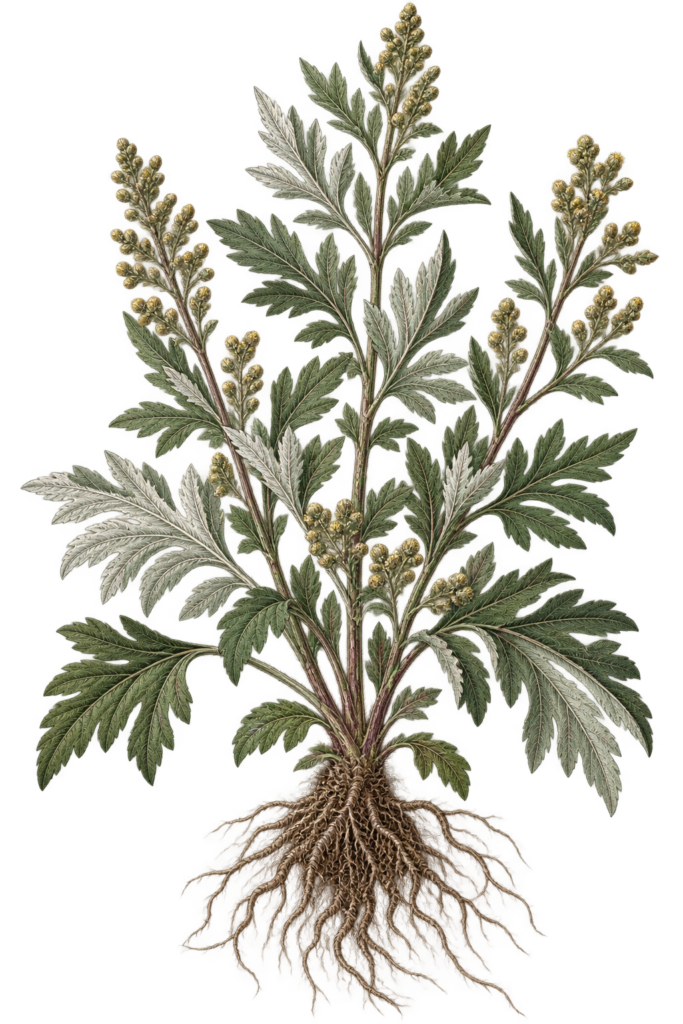 victorian-botanical-mugwort- - Sians Emporium Victorian botanical illustration of mugwort (Artemisia vulgaris) showing detailed green and silvery leaves, flowering stems and exposed bare roots.