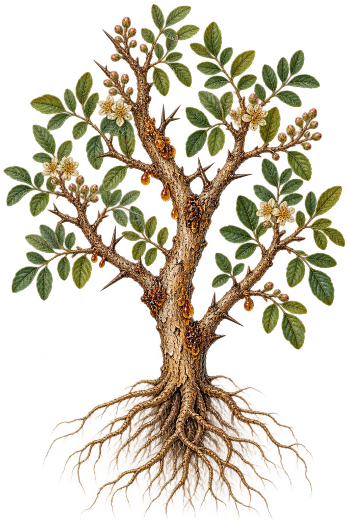 Victorian Botanical Myrrh Illustration - Sians Emporium Victorian botanical illustration of myrrh (Commiphora myrrha) showing thorny branches, green foliage, flowers, resin and exposed bare roots.
