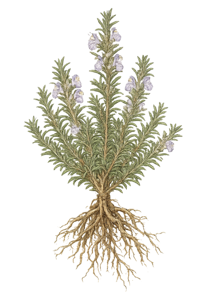 Victorian Botanical Rosemary with Bare Roots - Sians Emporium Victorian botanical illustration of rosemary (Salvia rosmarinus) with needle-like green leaves, pale purple flowers and exposed bare roots.