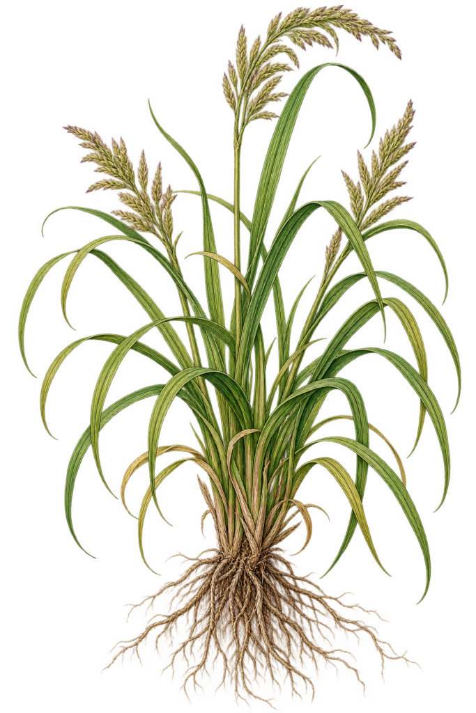 Victorian Botanical Sweetgrass Illustration - Sians Emporium Victorian botanical illustration of sweetgrass (Hierochloe odorata) showing long green leaves, flowering seed heads and exposed bare roots.
