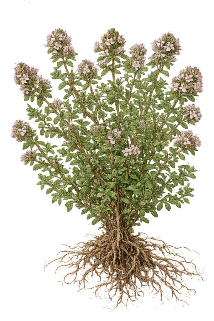 Victorian Botanical Thyme Illustration - Sians Emporium Victorian botanical illustration of thyme (Thymus vulgaris) showing green foliage, pale pink flowers and exposed bare roots.