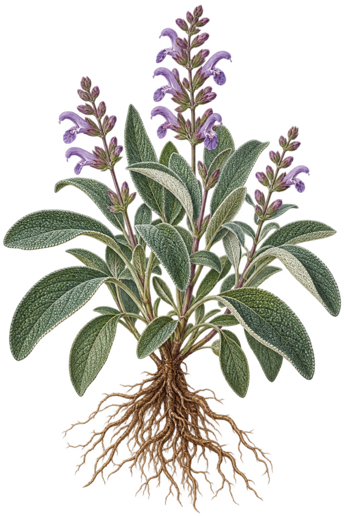 Victorian botanical illustration of garden sage (Salvia officinalis) with green leaves, purple flowers and exposed bare roots.