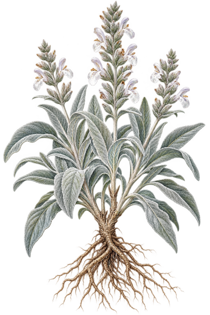 Victorian botanical illustration of white sage (Salvia apiana) with silvery-grey leaves, pale flowers and detailed exposed bare roots.