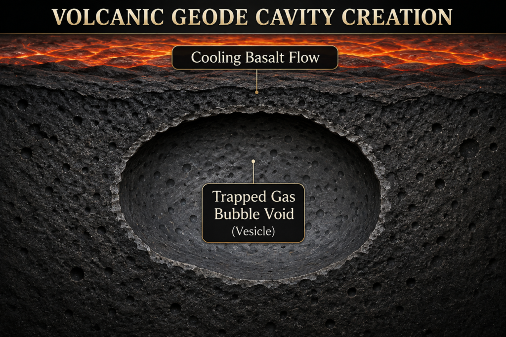 Diagram showing volcanic geode cavity creation as a trapped gas bubble forms a vesicle inside a cooling basalt lava flow.