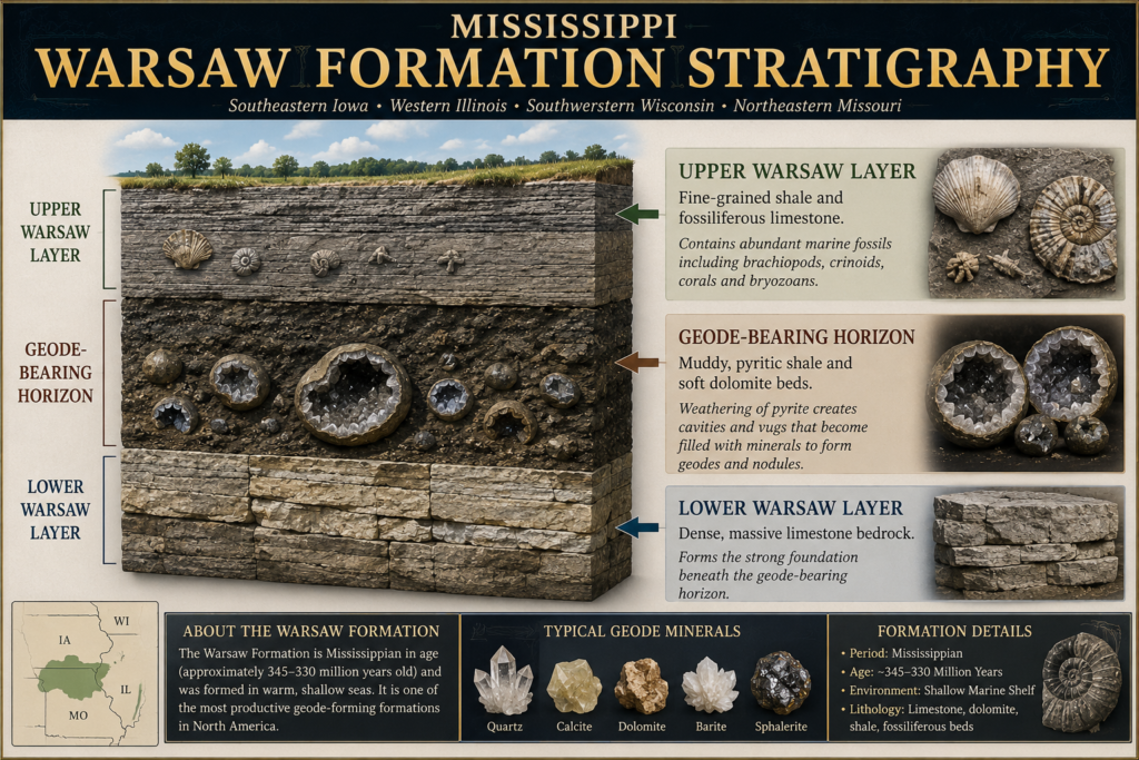 Warsaw Formation Stratigraphy – Geode-Bearing Horizon of the Keokuk Region - Sians Emporium Geological cross-section of the Warsaw Formation showing fossiliferous upper beds, the shale and dolomite geode-bearing horizon, and dense limestone bedrock below.