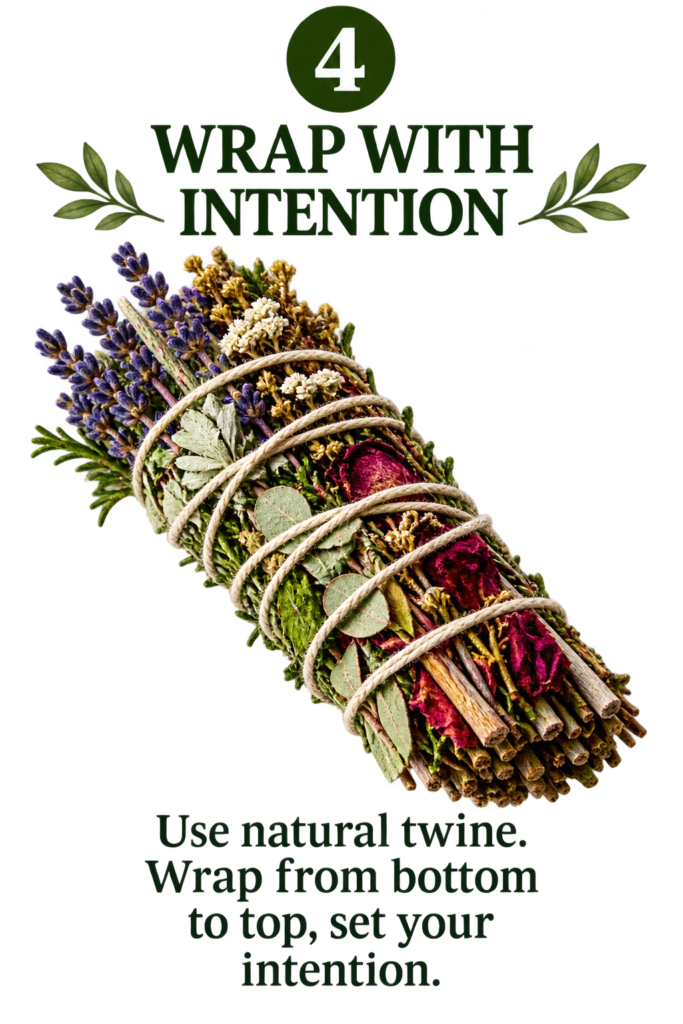 Wrap Your Herbal Smoke Cleansing Stick with Intention - Sians Emporium Handmade herbal smoke cleansing stick with lavender, dried flowers, rose petals and leaves wrapped securely with natural twine.