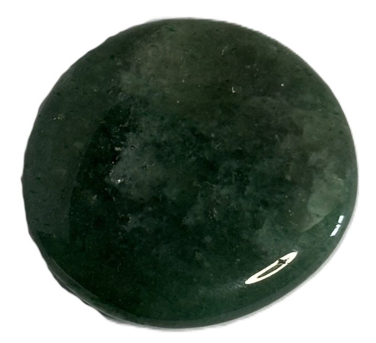 Smooth polished oval african jade palmstone showing deep forest green mottling and natural grossular garnet matrix patterns on a white background