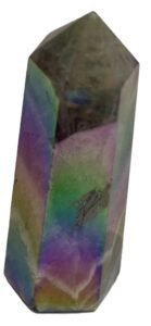 Standing rainbow amethyst aura polished crystal point sians emporium Polished rainbow amethyst aura quartz generator point showing iridescent green violet and gold metallic sheen over natural chevron banding