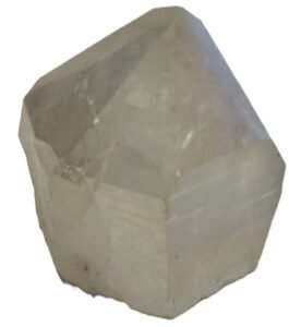 Angel aura quartz polished freeform point 3 sians emporium Polished angel aura quartz freeform point standing upright with natural striations and cut faceted termination on a plain background