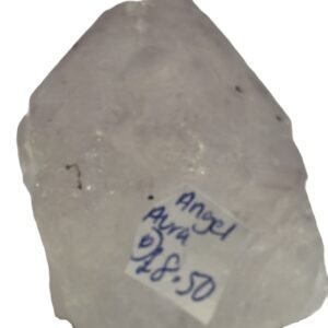 Angel aura quartz polished freeform point b sians emporium Polished angel aura quartz freeform point standing upright with natural striations and cut faceted termination on a plain background