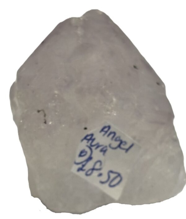 Angel aura quartz polished freeform point b sians emporium Polished angel aura quartz freeform point standing upright with natural striations and cut faceted termination on a plain background
