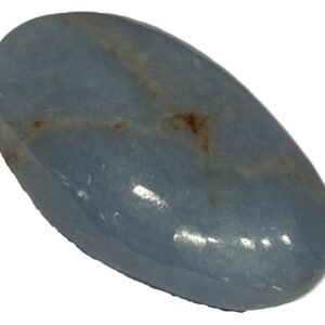 Angelite palm stone 41 sians emporium Polished blue angelite oval palm stone with natural earthy brown veining on a white background