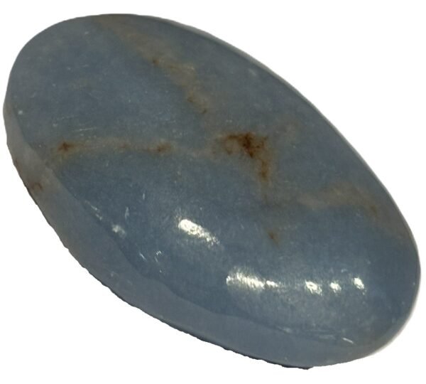 Angelite palm stone 41 sians emporium Polished blue angelite oval palm stone with natural earthy brown veining on a white background