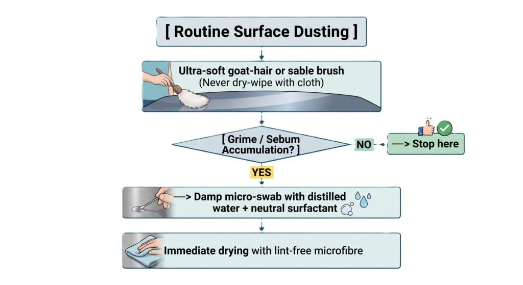 Artwork surface dusting and deep cleaning procedure sians emporium Tep by step flowchart illustrating routine surface dusting using a goat hair brush and a decision path for cleaning grime and sebum accumulation