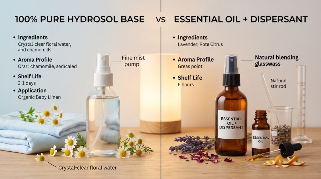 Bedtime pillow mist comparison pure hydrosol vs essential oils sians emporium Comparison infographic of bedtime mist approaches pure gentle hydrosol spray for children versus essential oil with dispersant