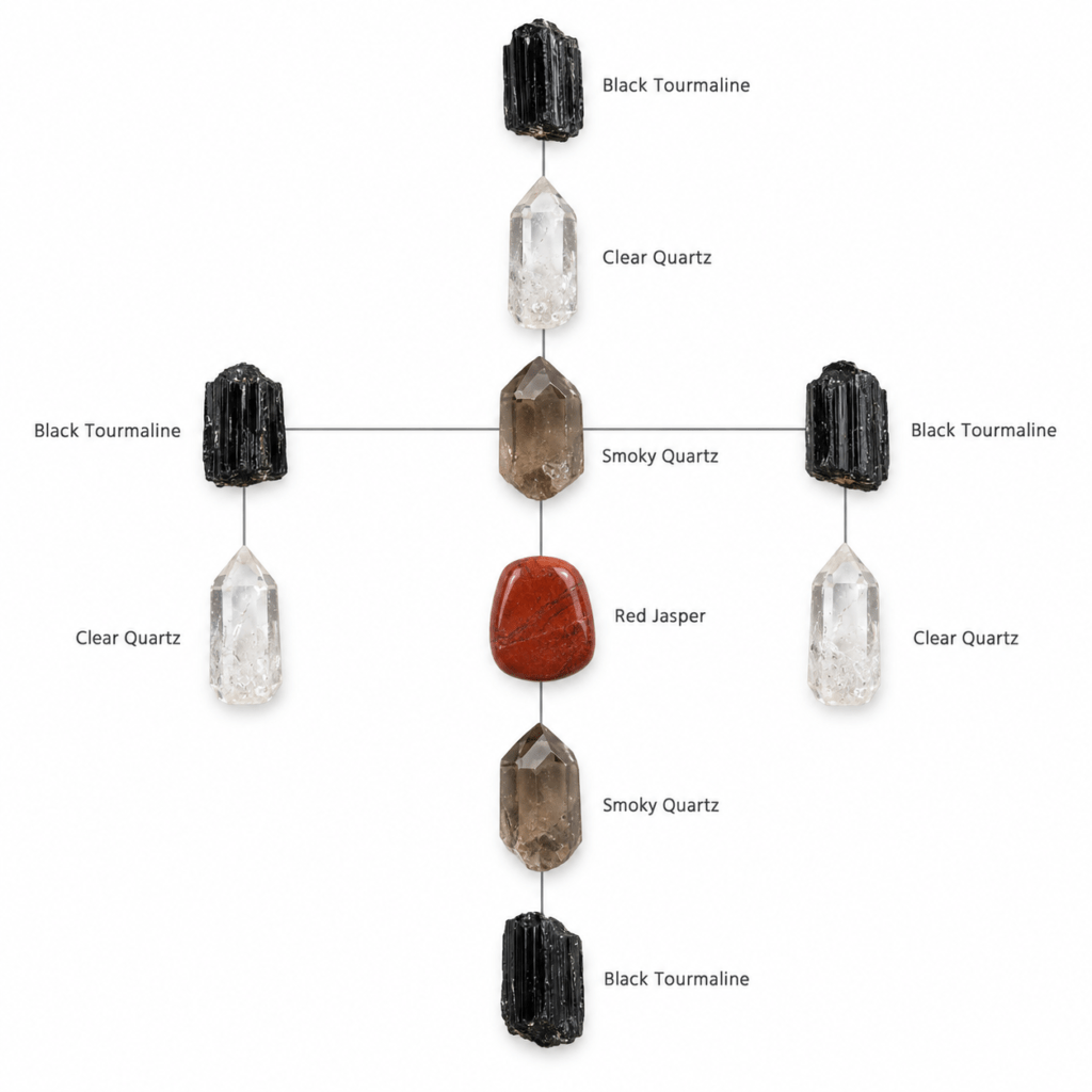 Lack tourmaline quartz and red jasper crystal grid sians emporium Crystal grid with black tourmaline clear quartz smoky quartz and red jasper arranged on a plain white background with connecting grid lines