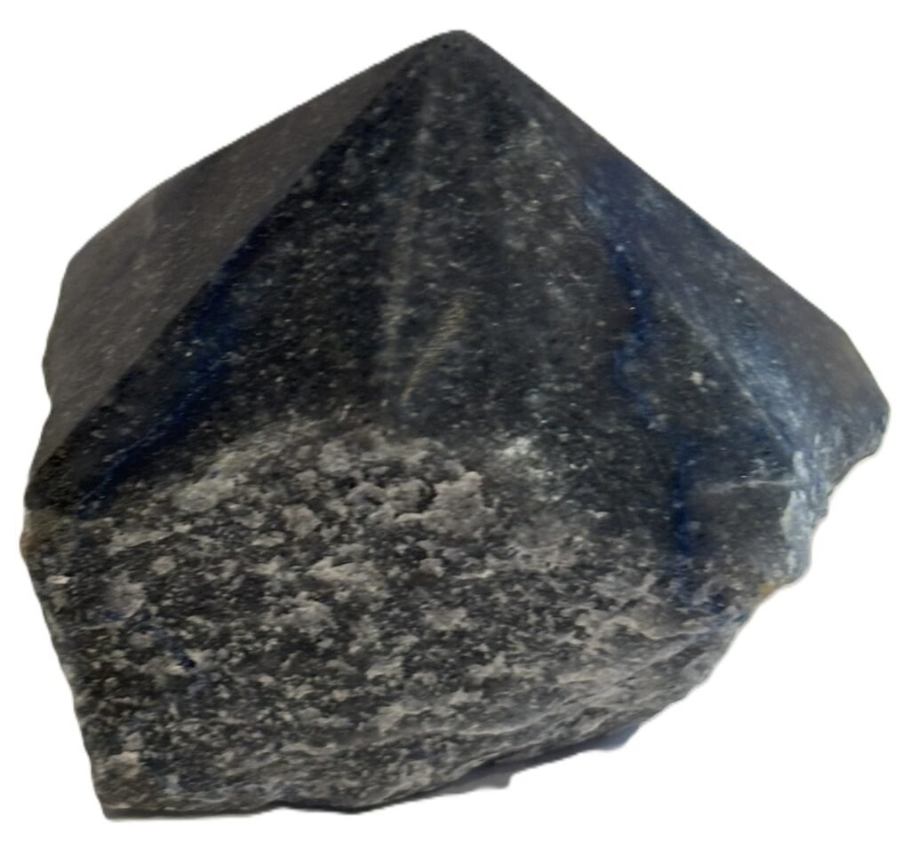 Dark blue aventurine crystal point featuring smooth polished facets at the top and a rough natural unpolished rock base on a white background
