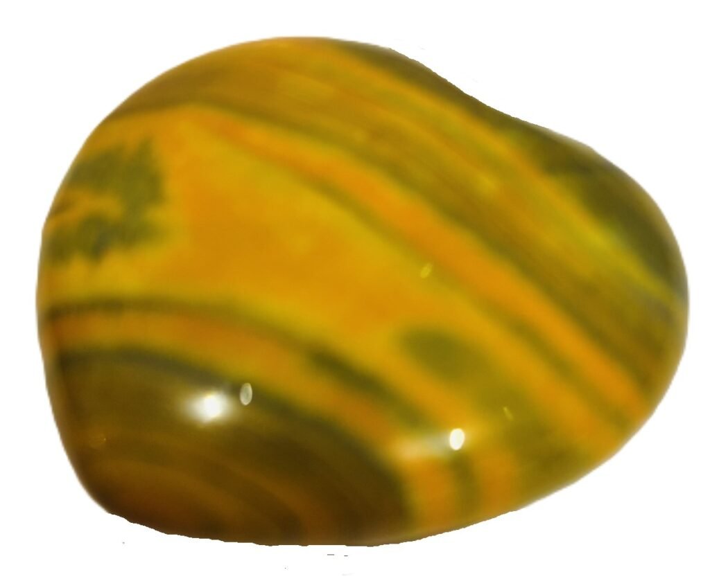 Bumblebee jasper heart false jasper specimen sians emporium Polished heart shaped bumblebee jasper stone displaying vibrant yellow orange and dark grey volcanic banding on a white background