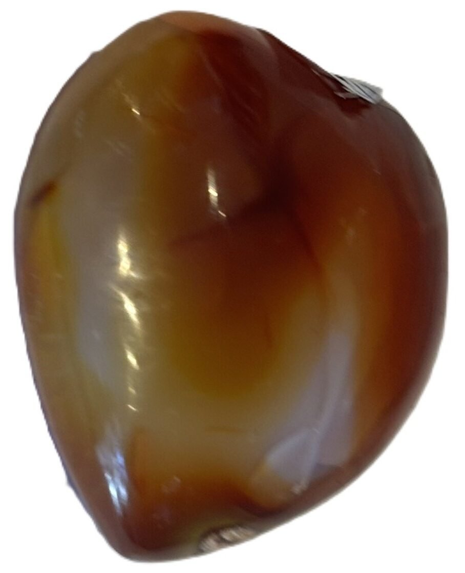 Carnelian heart 97 1 sians emporium Smooth polished carnelian carved heart palm stone with translucent amber red tones and natural circular orbicular inclusions isolated on a white background