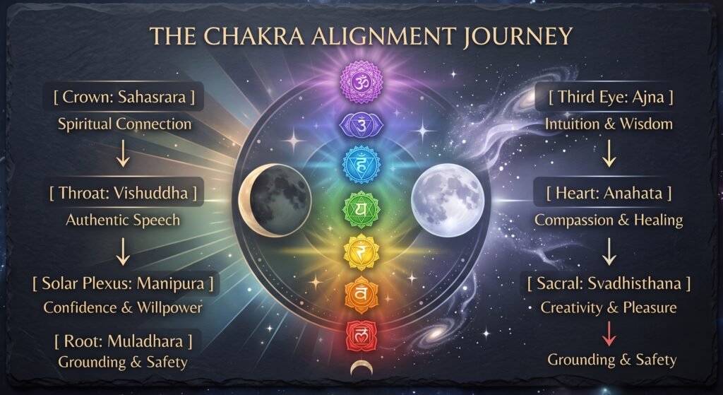 The chakra alignment journey energy centres and lunar harmony sians emporium Illustrated diagram of the seven chakras aligned vertically with sanskrit symbols framed by moon phases and spiritual attributes from crown to root