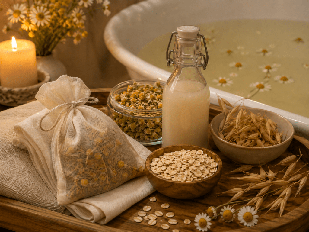 Chamomile and oat straw herbal evening bath sians emporium Muslin herbal bath sachet with dried chamomile oat straw and rolled oats beside a warm milky evening bath