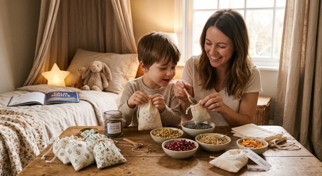 Childsafe calming bedtime herbal sachets sians emporium A mother and young child crafting calming bedtime herbal sachets with dried lavender chamomile and rose petals at a wooden table in a cozy nursery