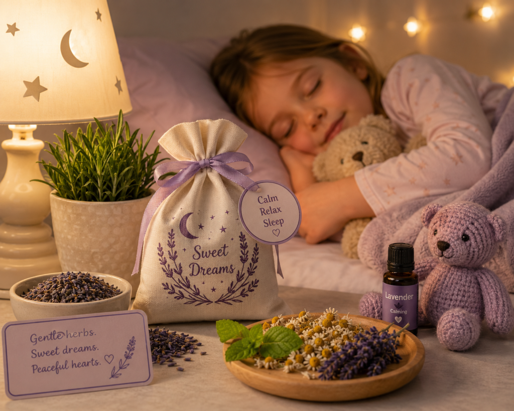 Child safe calming bedtime sachets with gentle herbs sians emporium Child safe calming bedtime sachet with lavender chamomile and gentle herbs beside a peacefully sleeping child