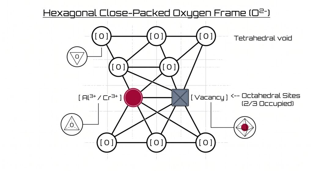 Technical schematic of corundum hexagonal close packed oxygen lattice showing octahedral site occupancy of aluminum and chromium ions with vacancies