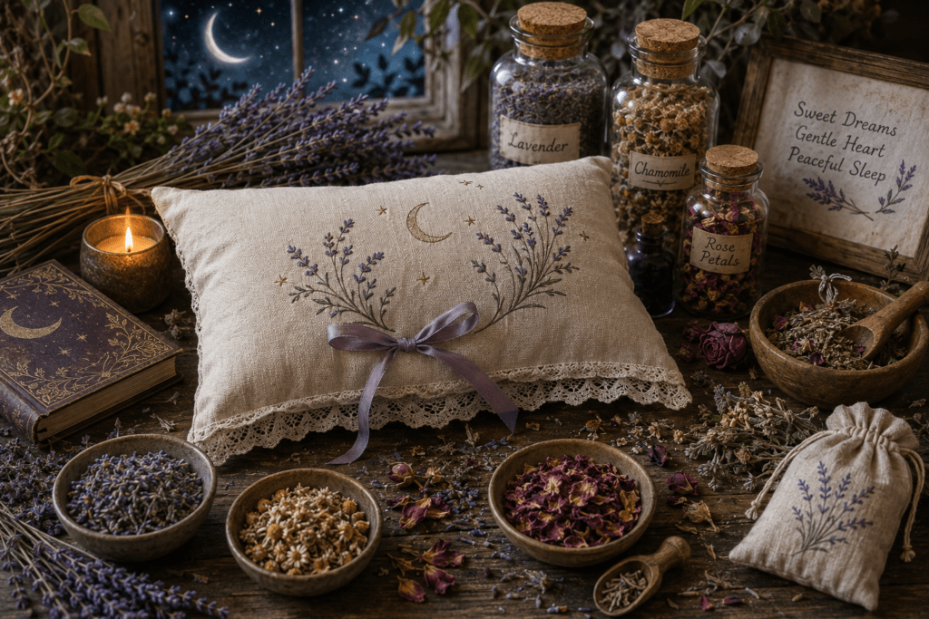 Creating a herbal dream pillow for peaceful sleep sians emporium Handmade herbal dream pillow surrounded by dried lavender chamomile and rose petals in a peaceful moonlit setting