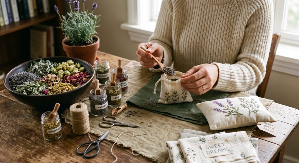 Handcrafting an herbal dream pillow with dried botanicals sians emporium Person filling a small linen pouch with dried herbs using a wooden spoon surrounded by labeled botanical jars