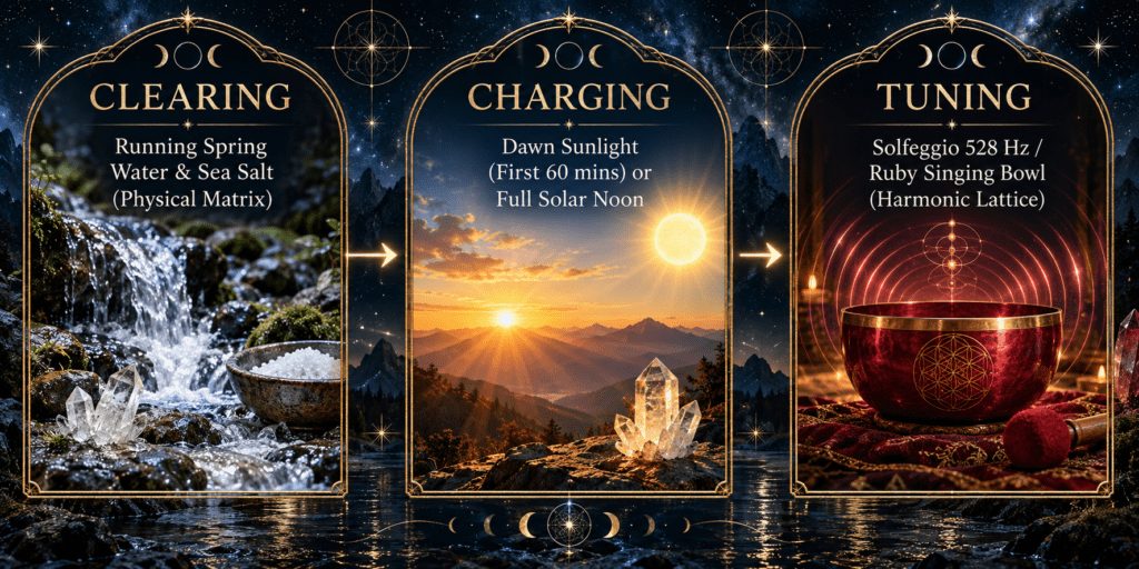 Three stage crystal care infographic showing spring water and sea salt clearing sunlight charging and 528 hz singing bowl tuning